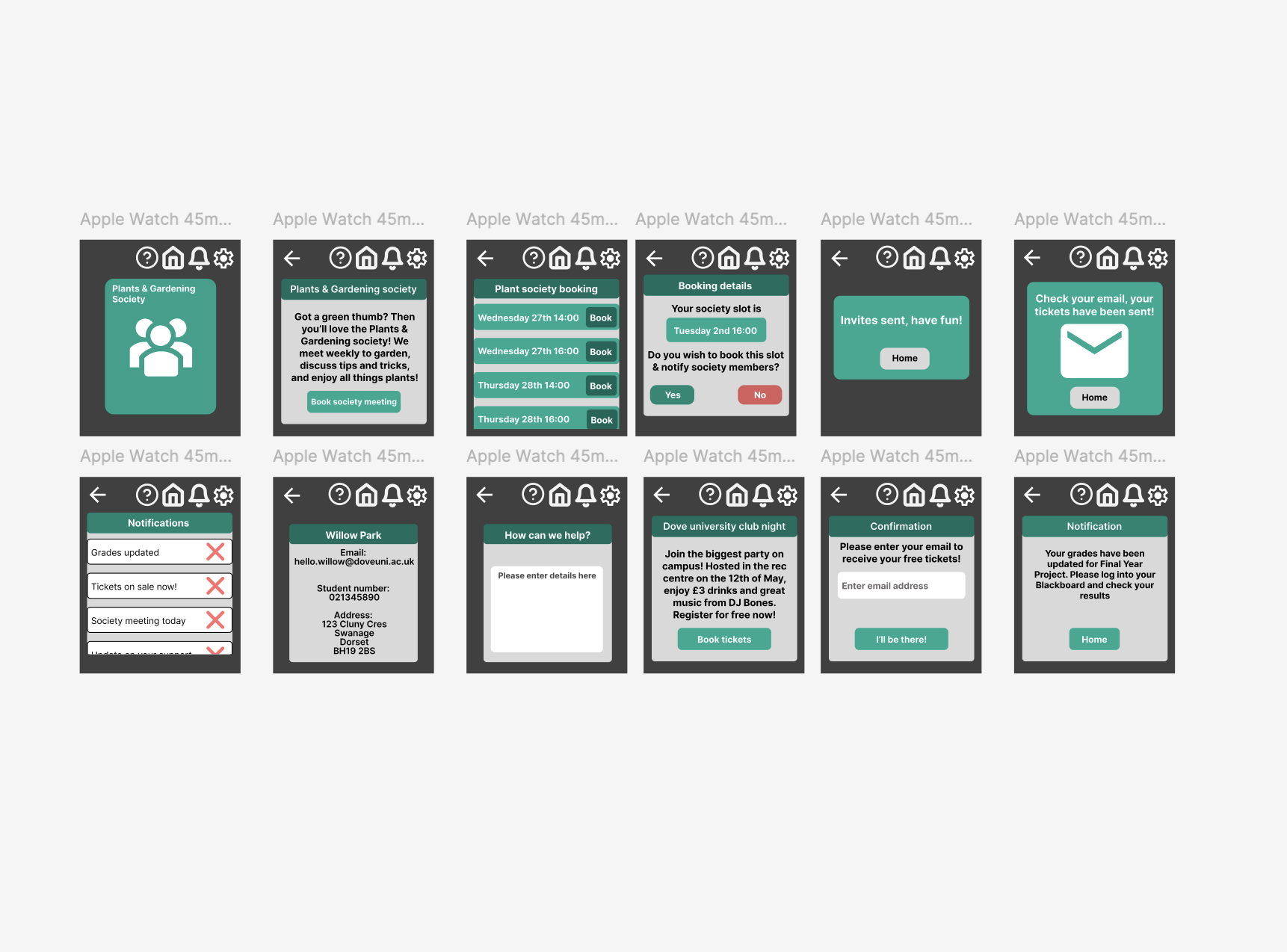 Figma prototypes for the smartwatch port of the unviersity application 